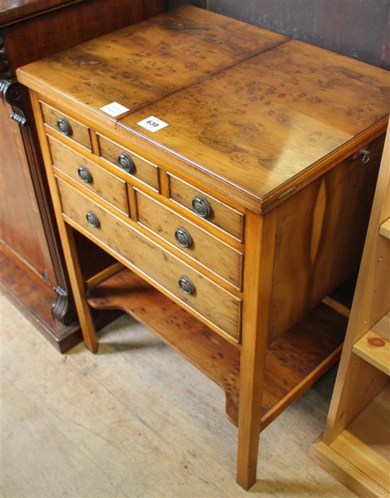 Yew wood flap top table, fitted drawers